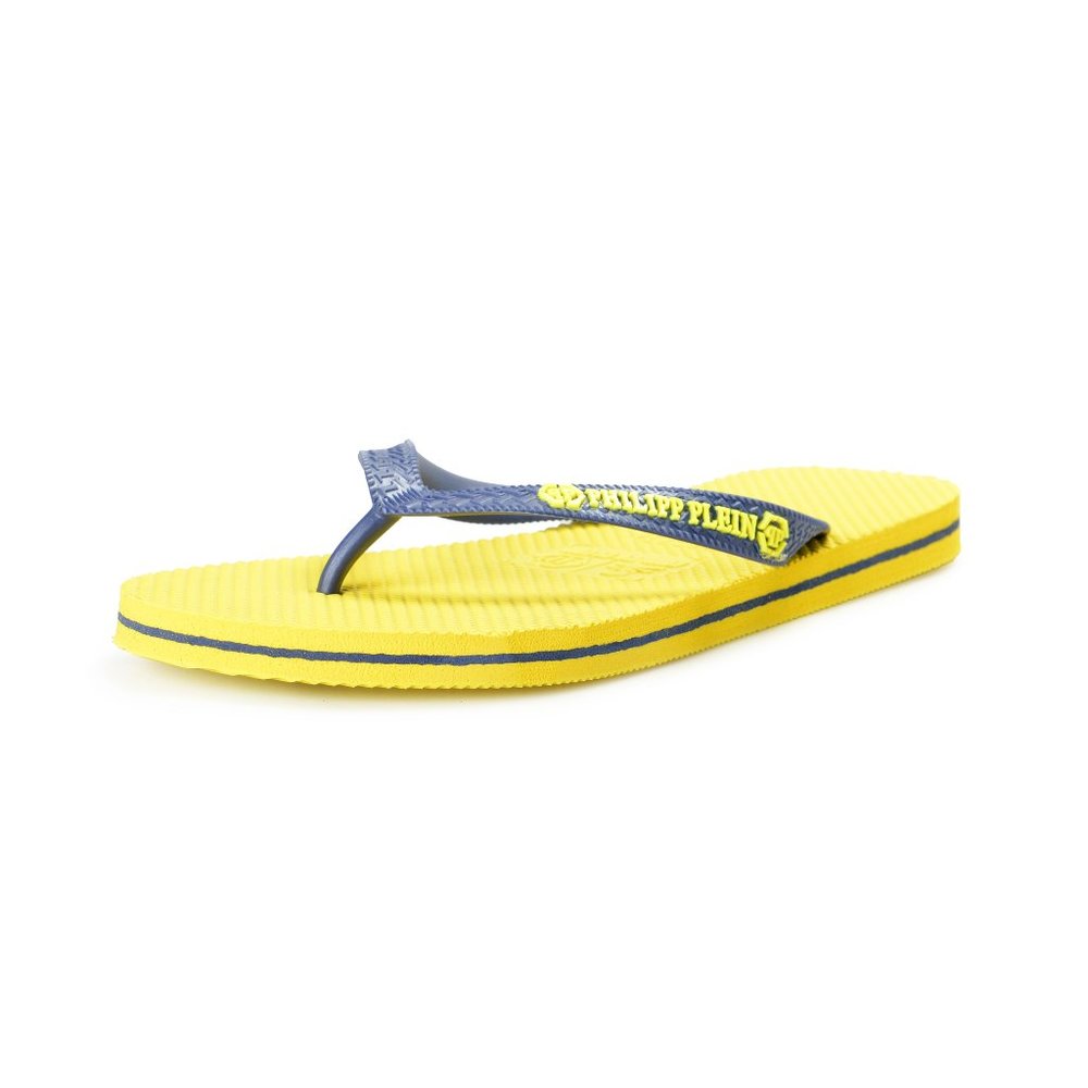Philipp Plein Men's Yellow/Navy Blue Rubber Logo Print Flip Flops Shoes